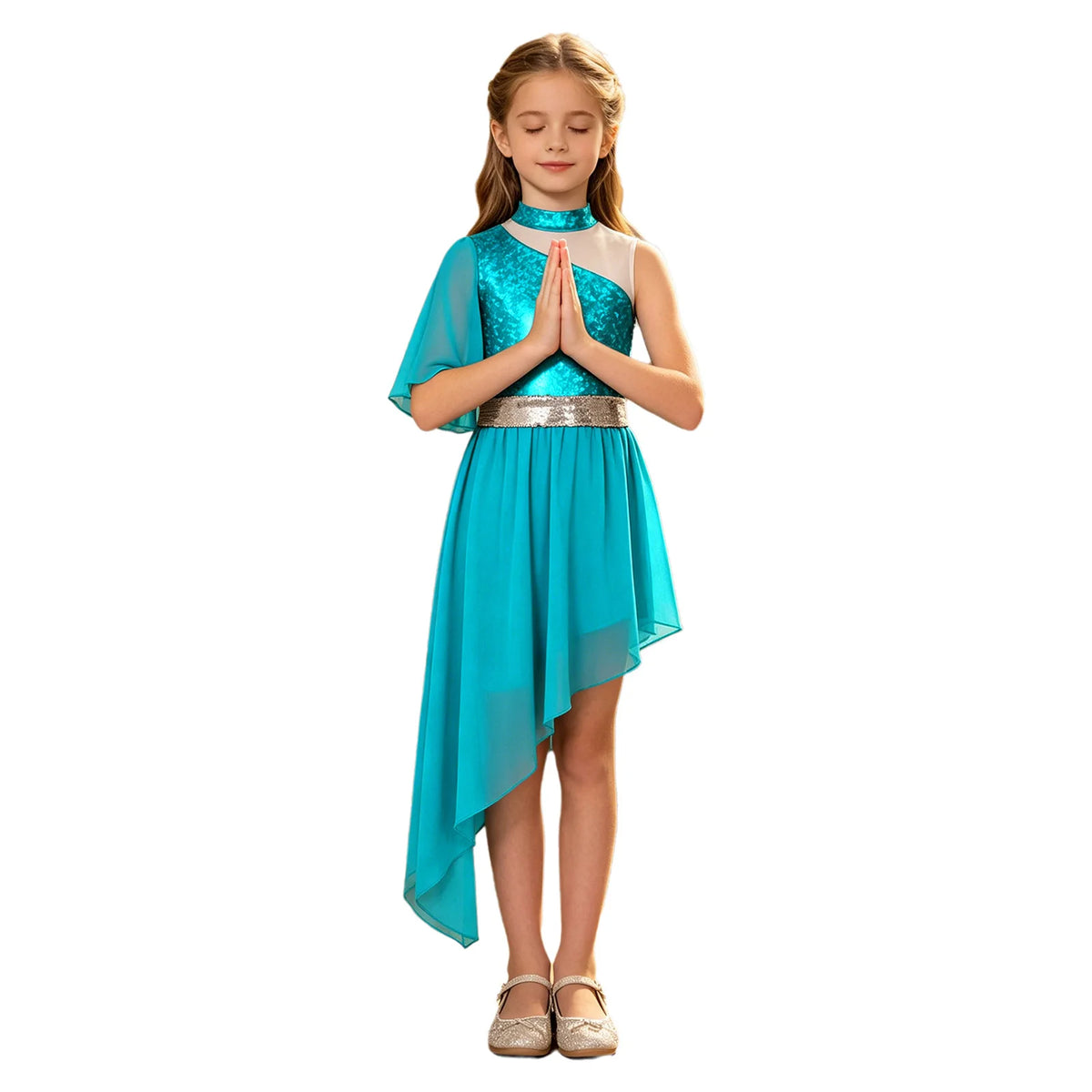 Kids Girls Lyrical Contemporary Worship Liturgical Praise Dance Dress Flare Sleeve Sequin Splice Dress Performance Costume