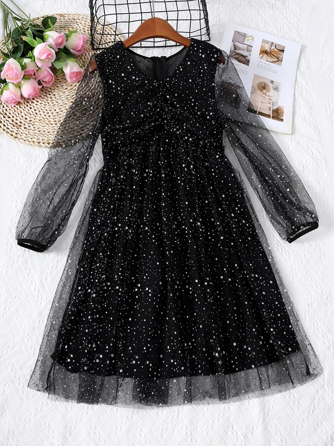 Spring And Autumn Style Girls' V-Neck Elegant Slim Fit Sequin Solid Color Dress