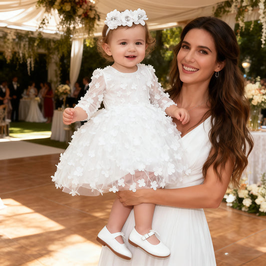 Baby Girls Flowers Tulle White Princess Dress With Headband For Infant Baptism