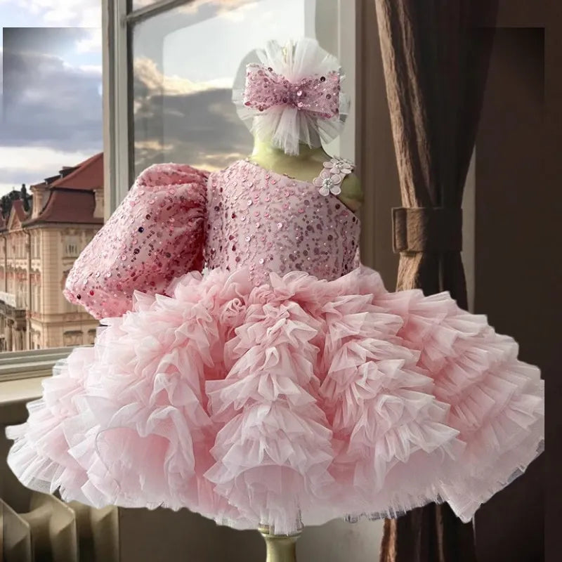 Baby Girl Princess Sequins Dress Diagonal Shoulder Infant Toddler Child Tulle Vestido Party Wedding Pageant Baby Clothes 1-14Y