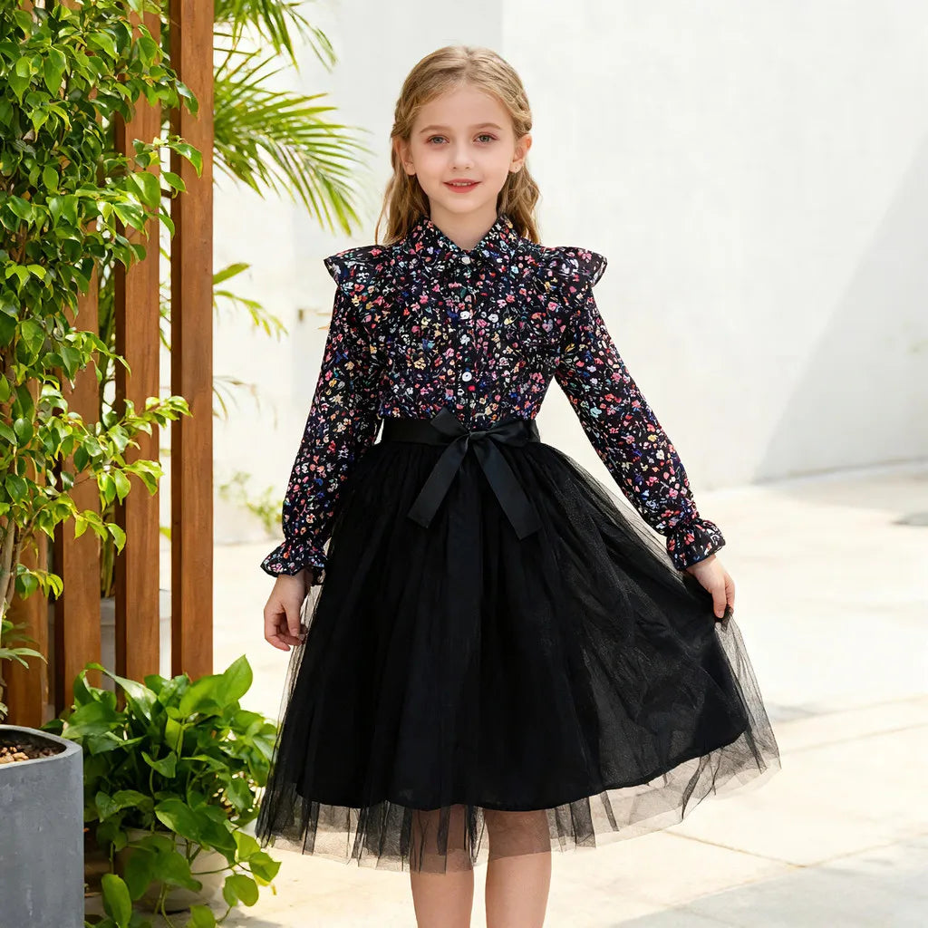 Kids Girl Black Dress Summer Long Sleeve Floral Gauze Belt Children Dress