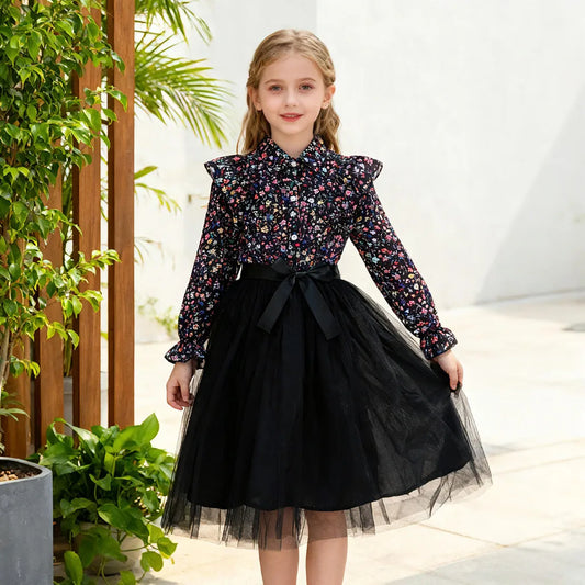 Kids Girl Black Dress Summer Long Sleeve Floral Gauze Belt Children Dress