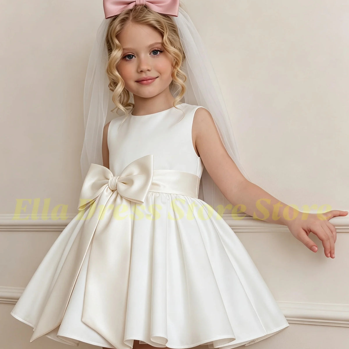 Wholesale Baby Flower Girl Dress with Bows Children Birthday Tribute Silk Satin Formal Vestidos Black Pink Kids Sleeveless Dress