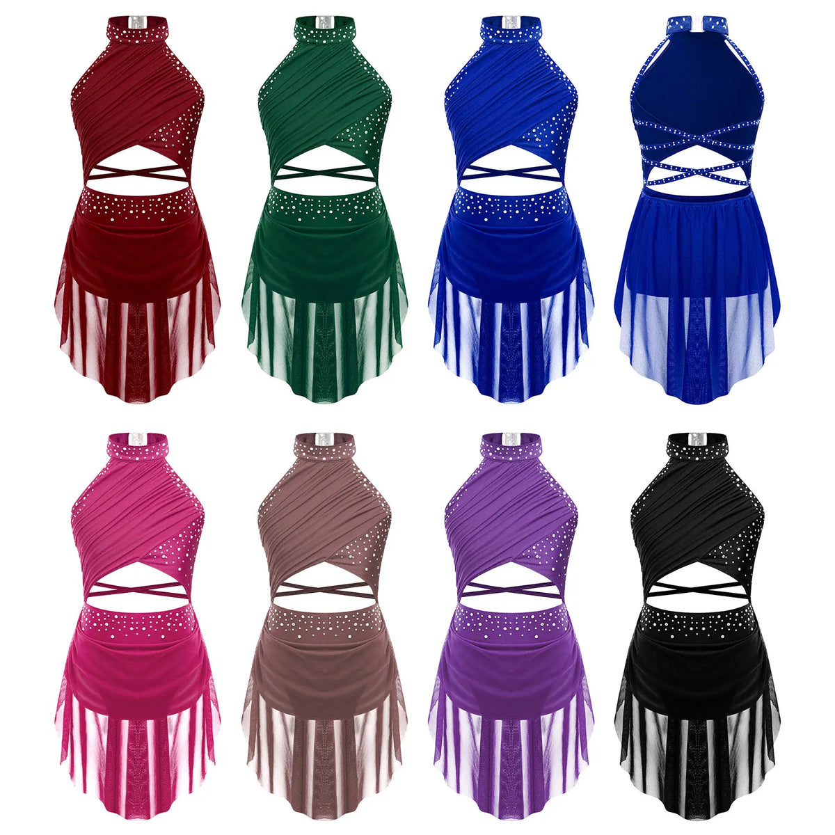Girls Modern Lyrical Jazz Dance Dress Ballet Gymnastics Skating Performance Costume Kids Cut Out Dancing Leotard Tutu Skirted