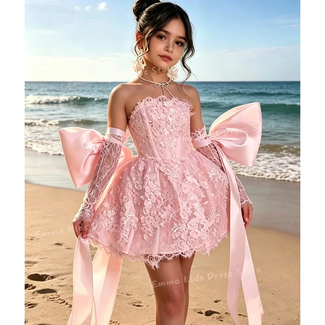 Custom Flower Girl Dress White Tulle Wedding Floral Appliqué Multi-layer Sleeveless Dress
