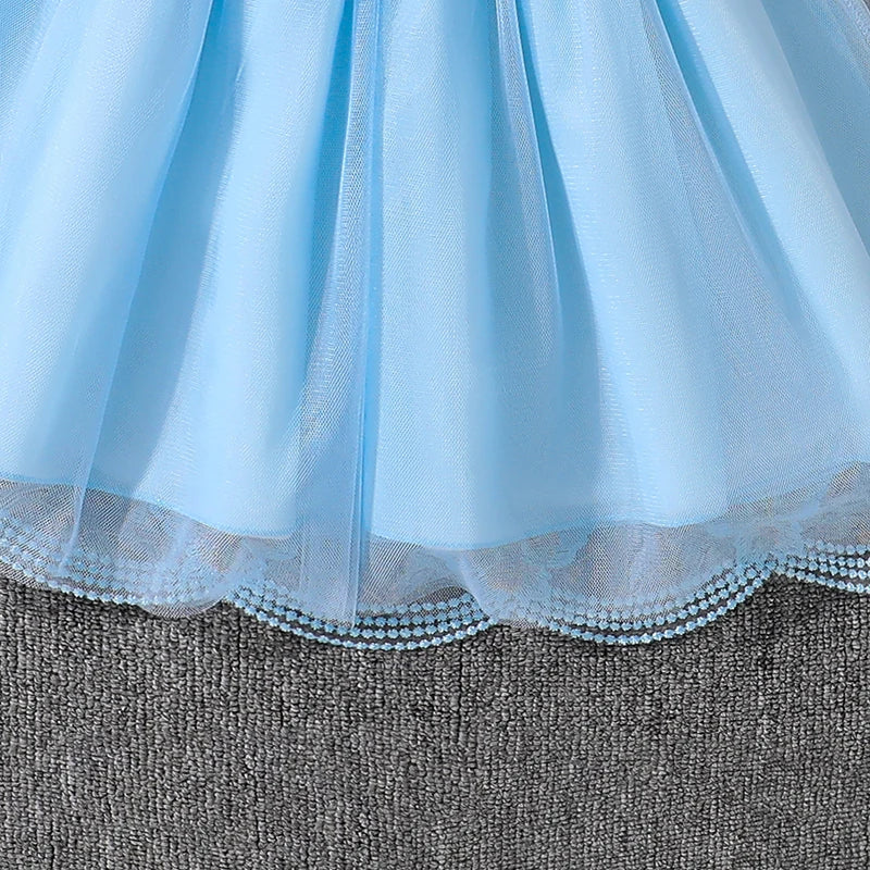 Dress For Girls Yellow O-Neck Fly-Sleeve Tulle Bowknot