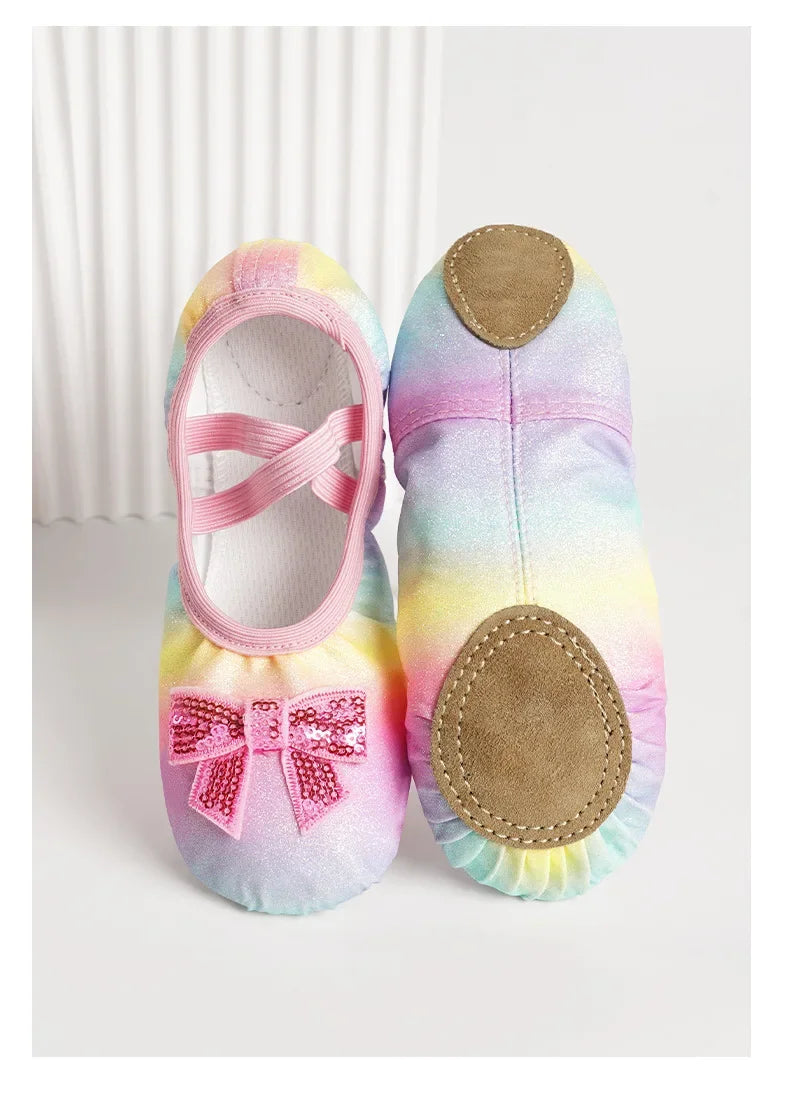 Children's Dance Shoes Girls Ballet Flats Shoes Rainbow Bow Sequins Leather Soft Soled