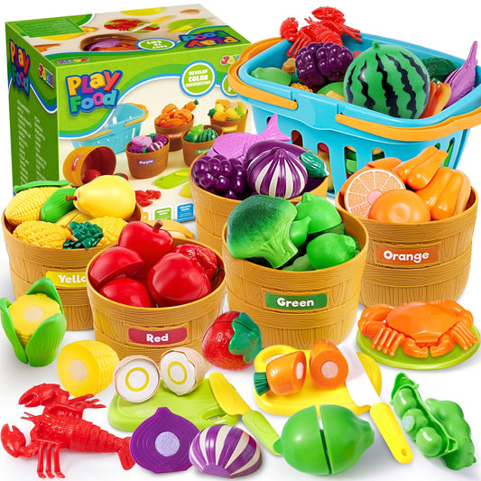 Joyfy 60 pcs Play Food Set for Kids Kitchen, Color Sorting Toy