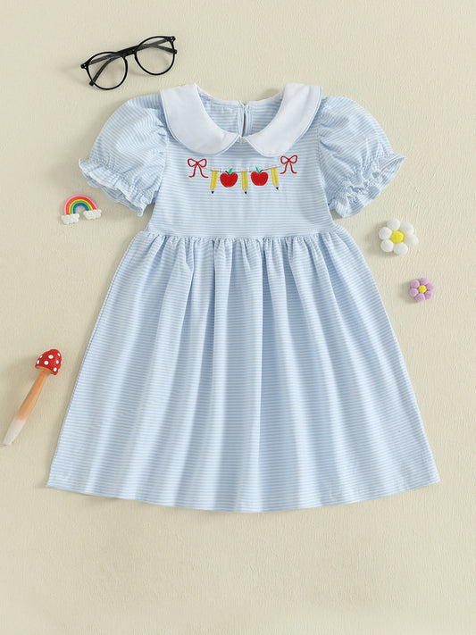 Striped Floral Print Back to School Dress with Bow Detail and Peter Pan Collar Short Sleeve A-line Dress Adorable Toddler