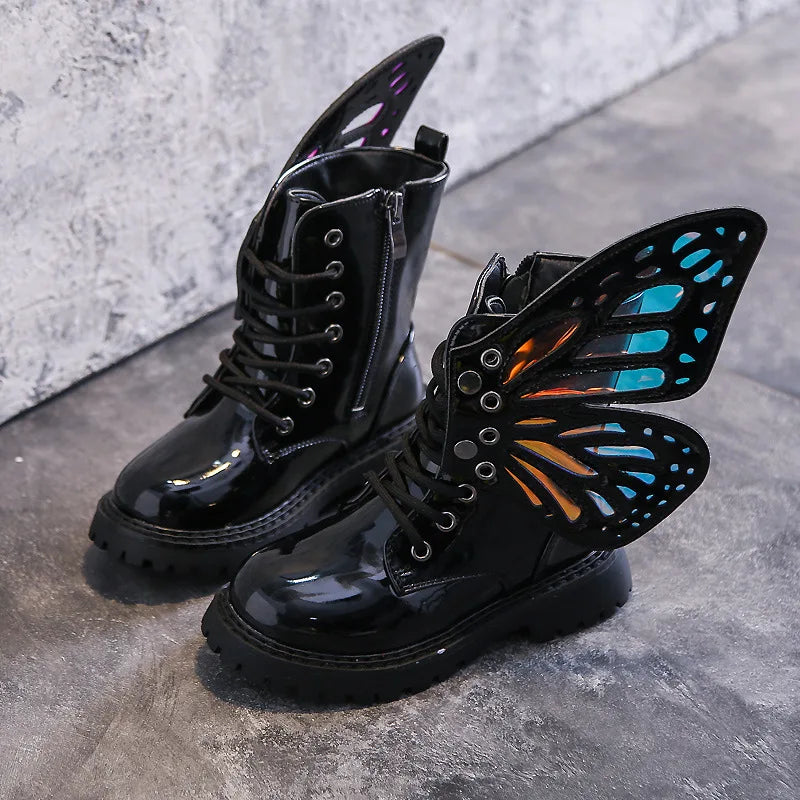 Girls Boots 2025 New Autumn Winter Fashion Butterfly Princess Botas Casual Non-slip Ankle Boots Silver Patent Leather Kids Shoes