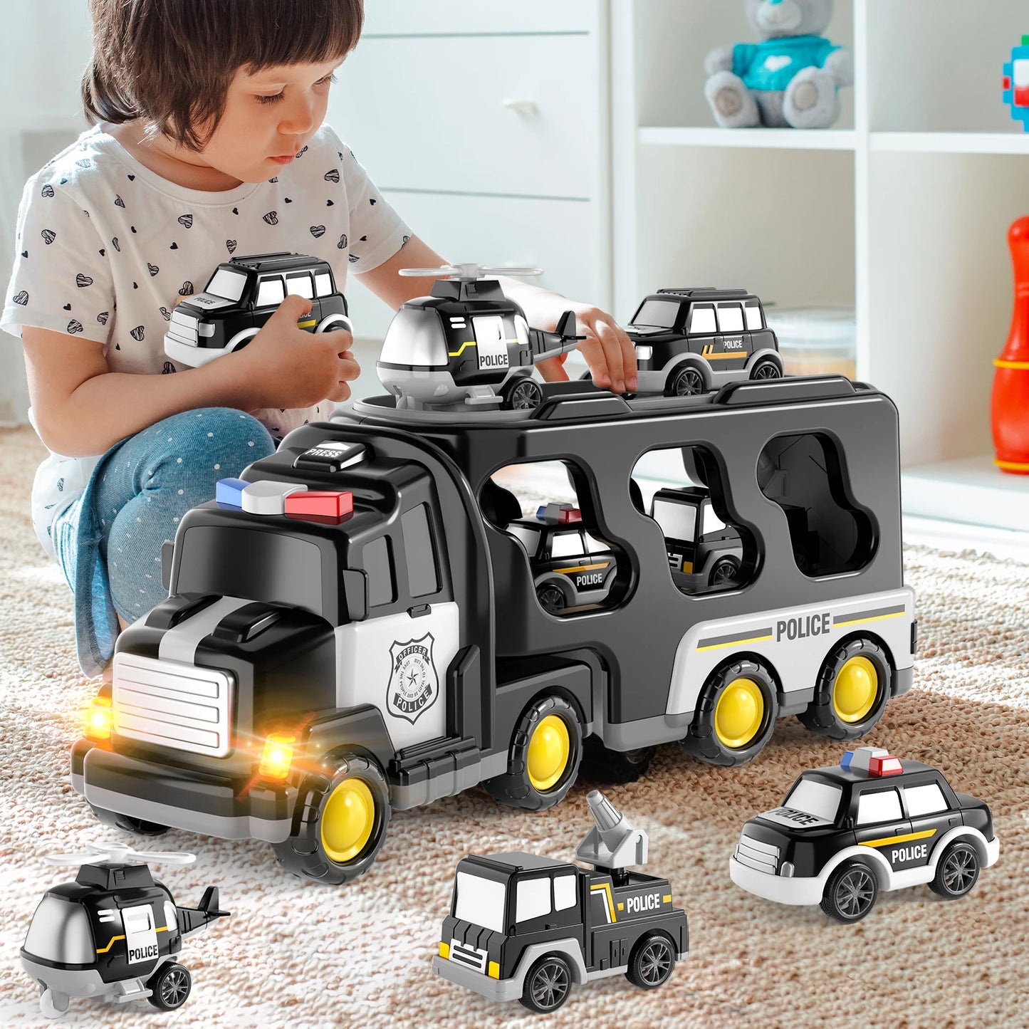 Police Truck Toy Set for Kids - 5 in 1 Truck and Cars