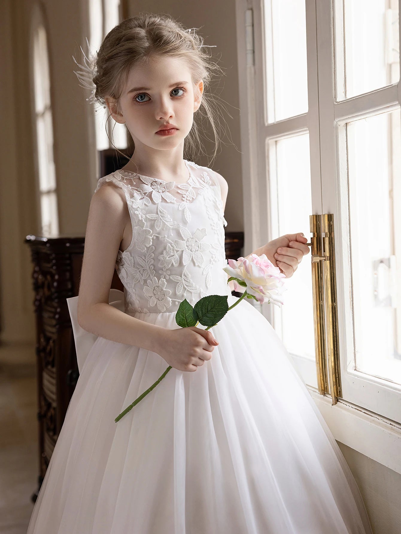 Teen Girls White Wedding Gauze Dress Lace Embroidery Big Bow  Dress