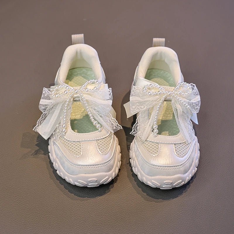 2026 Summer Kids Sport Sneakers for Girl Pearl Lace Mary Jane Flats Lightweight Non-Slip