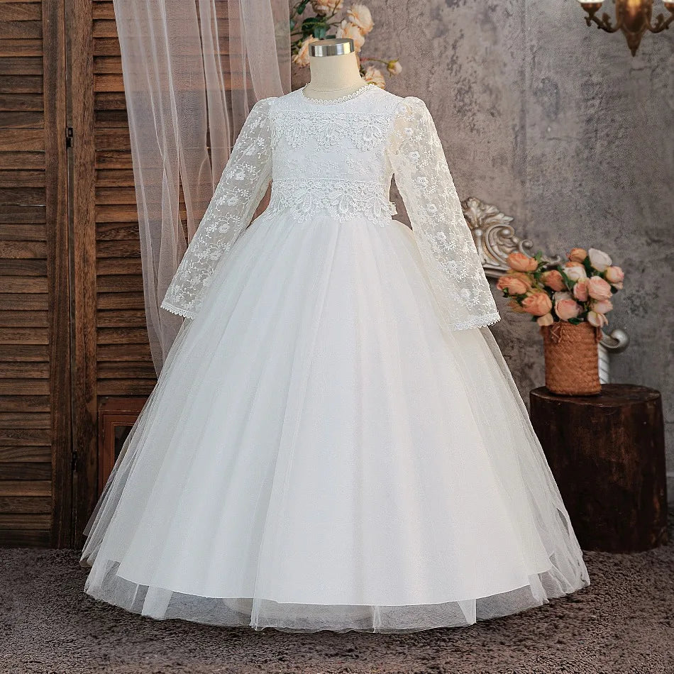 Girls' Teenage Long Sleeve Lace Dress Wedding White Bridesmaid Evening