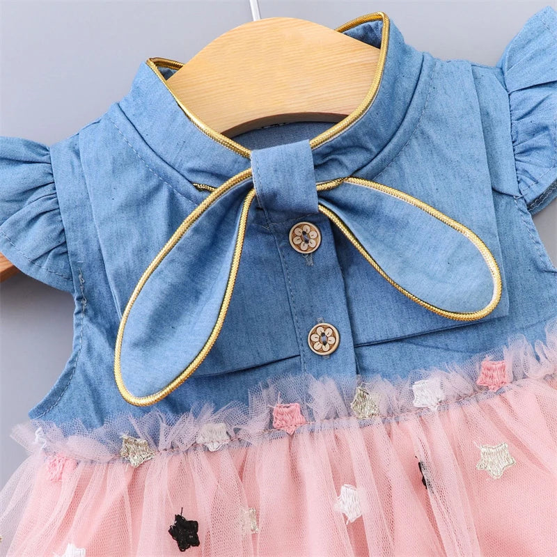 Baby Girls Dresses Summer 1-4Years Kids Tulle Dress Ruffles Sleeve Denim Cotton Mesh