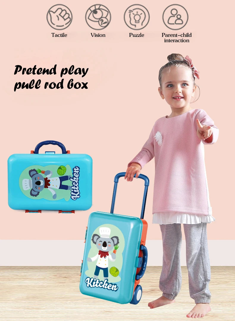 Children's Simulation Play House Kitchen Toys Girls Beauty Portable Tools Utensils Tableware Trolley Case Doctors Medical Kit