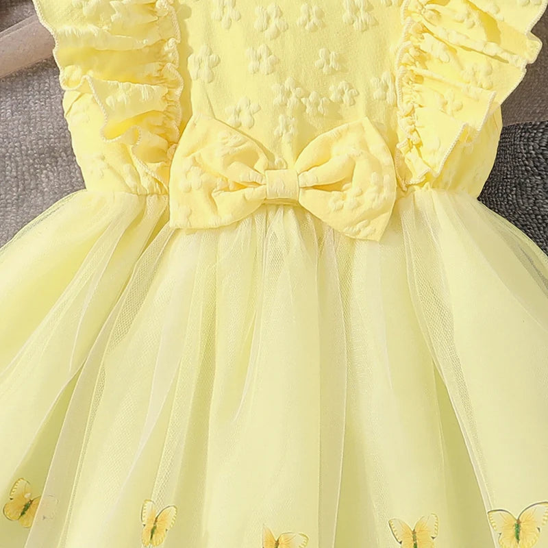 Dress For Girls Yellow O-Neck Fly-Sleeve Tulle Bowknot