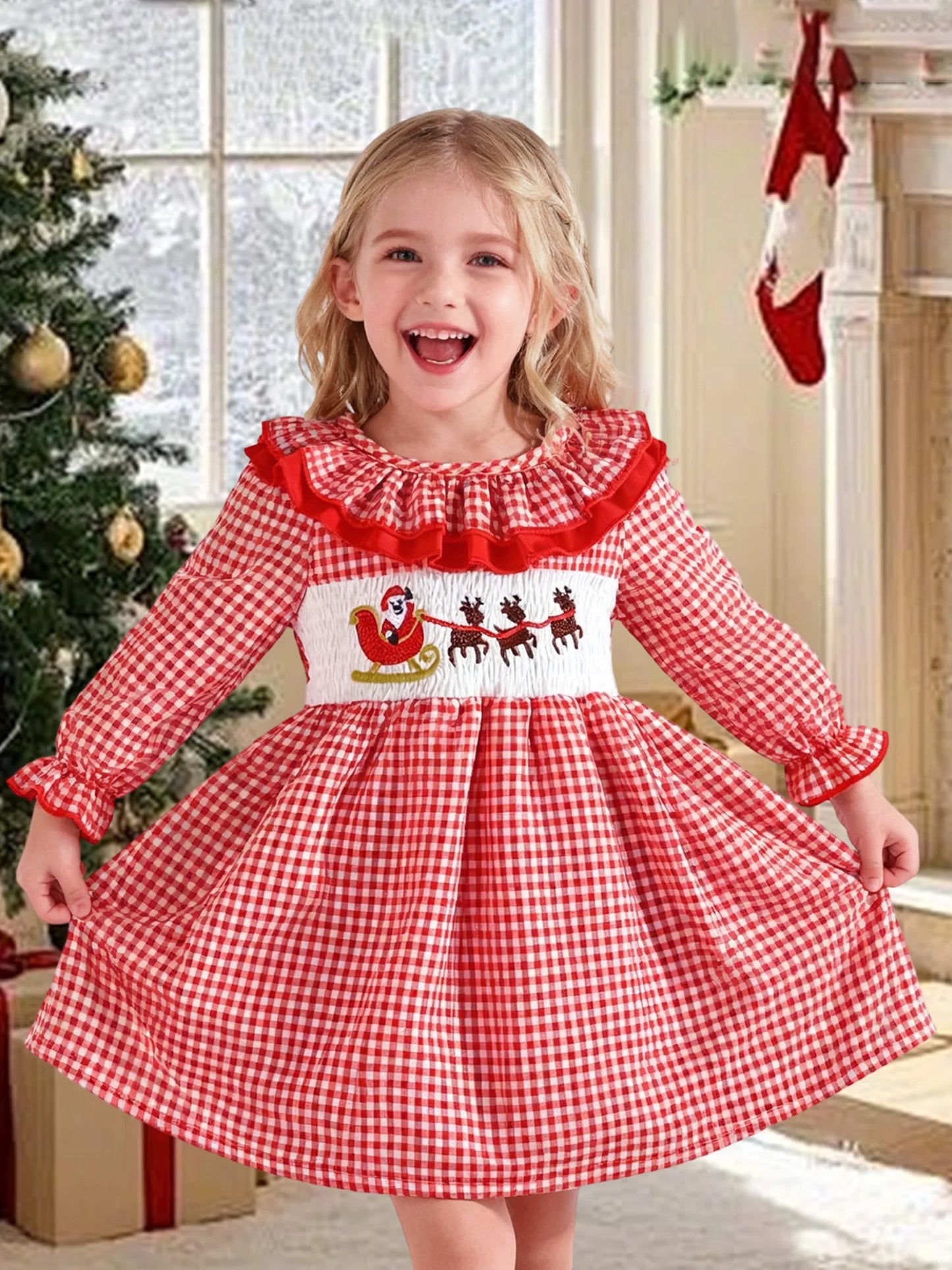 Girls Winter Dress for Celebrations - Long Sleeve Plaid Style
