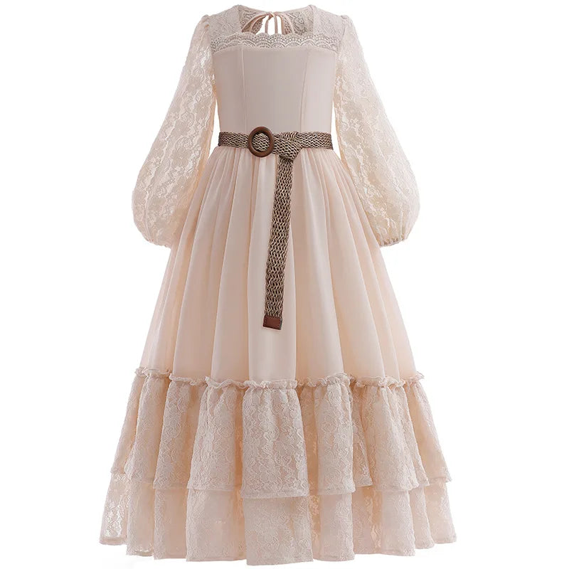Girls lace long sleeved princess dress 2024 new high-end chiffon waist length