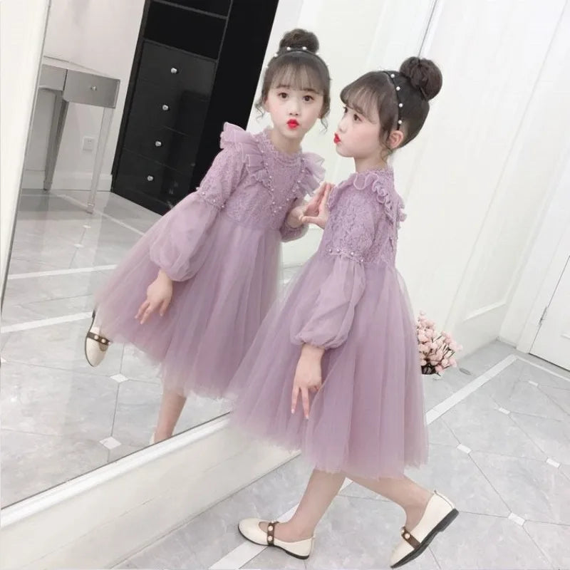 2023Girls' Autumn Winter New Fashion Half High Neck Long Sleeve Solid Color Dress