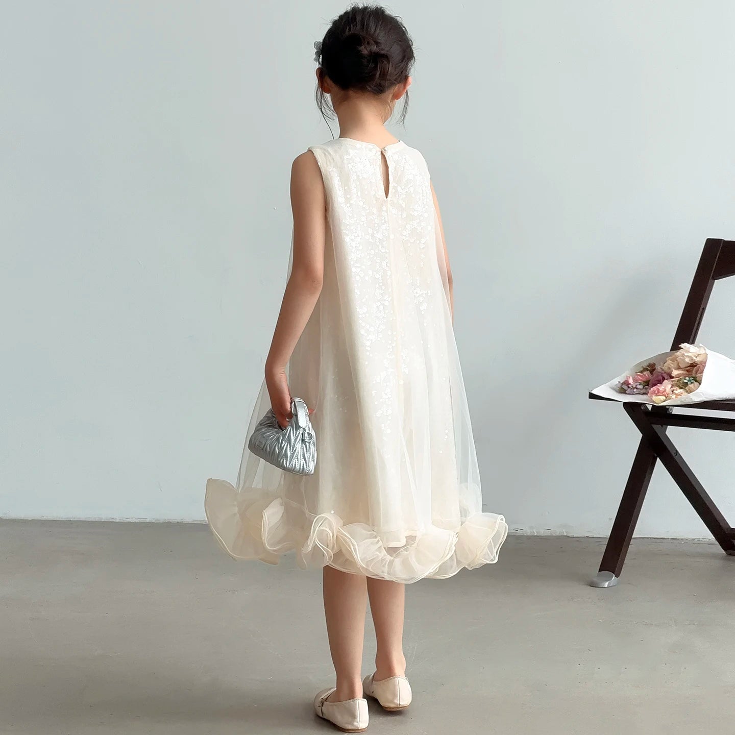 Kids Princess Dresses For Girls White Sleeveless Tulle Ruffle Dress