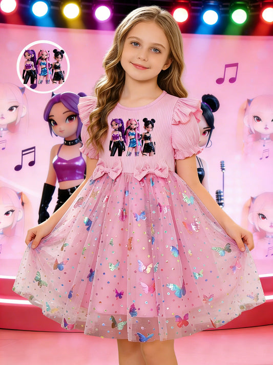 Girls' dress with sweet and cool girl group prints + double bows at the waist and puff sleeves