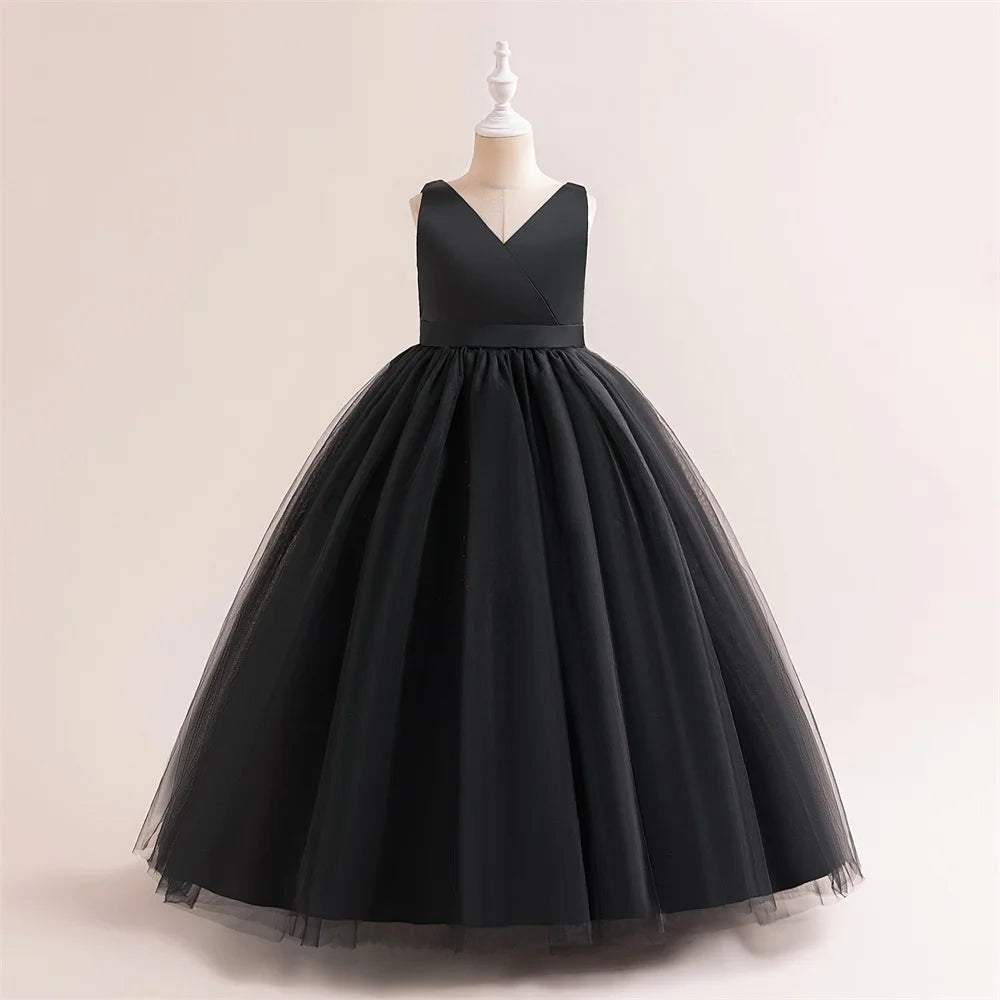 Girl Long White Bridesmaid Dresses For Wedding Prom Gown Big Bow Girls Party Dress