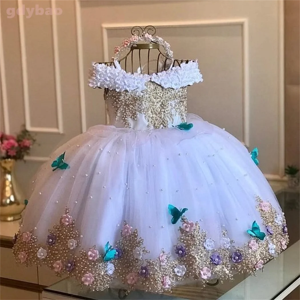 Baby Girls Dresses Off Shoulder Pearls Lace Butterflies Flower Girl Dress