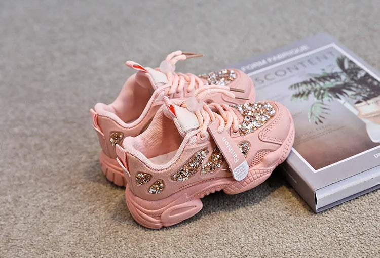 2022 Spring Fashion Women Sneakers Kids Toddler Girl Shoes Rhinestones Glittering Childen Outdoor Leisure Sports White Shoes Red