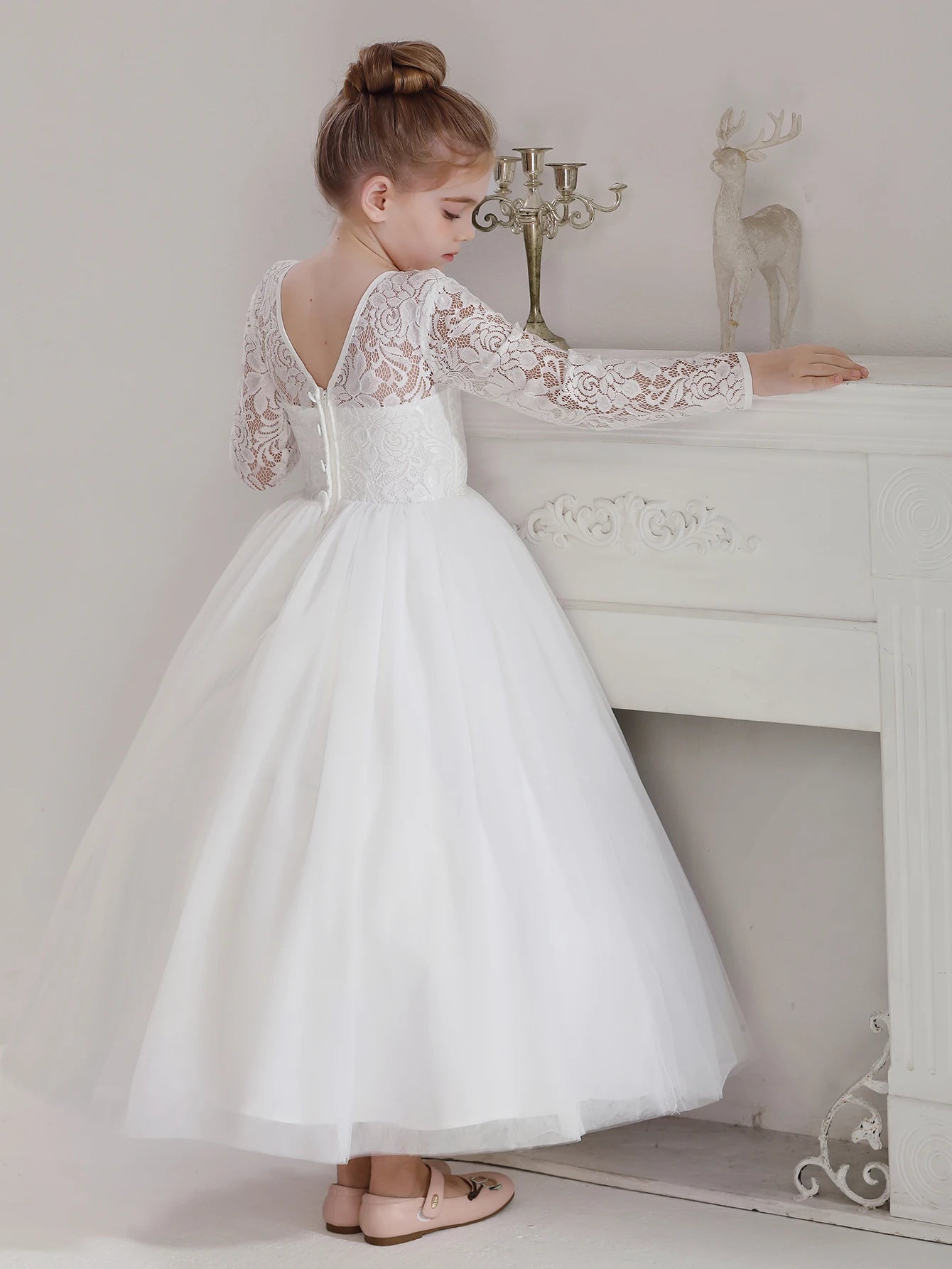 Girls' Teenage Long Sleeve Lace Dress Wedding White Bridesmaid  Gown Long Dress