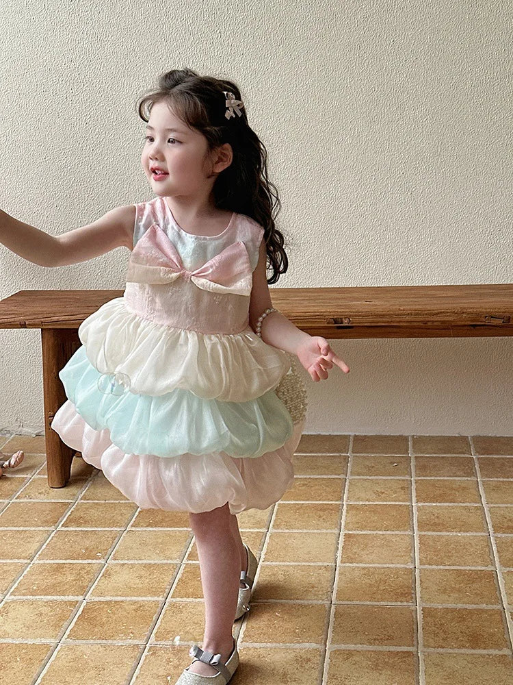 Baby Girl's Summer Dress Little  Girl Flower Bud Sleveless Dress With Bow