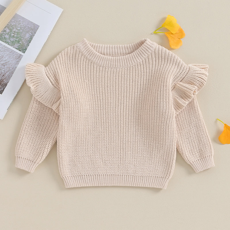 Basley Girls Sweater Solid Color Ruffle Long Sleeve Knit