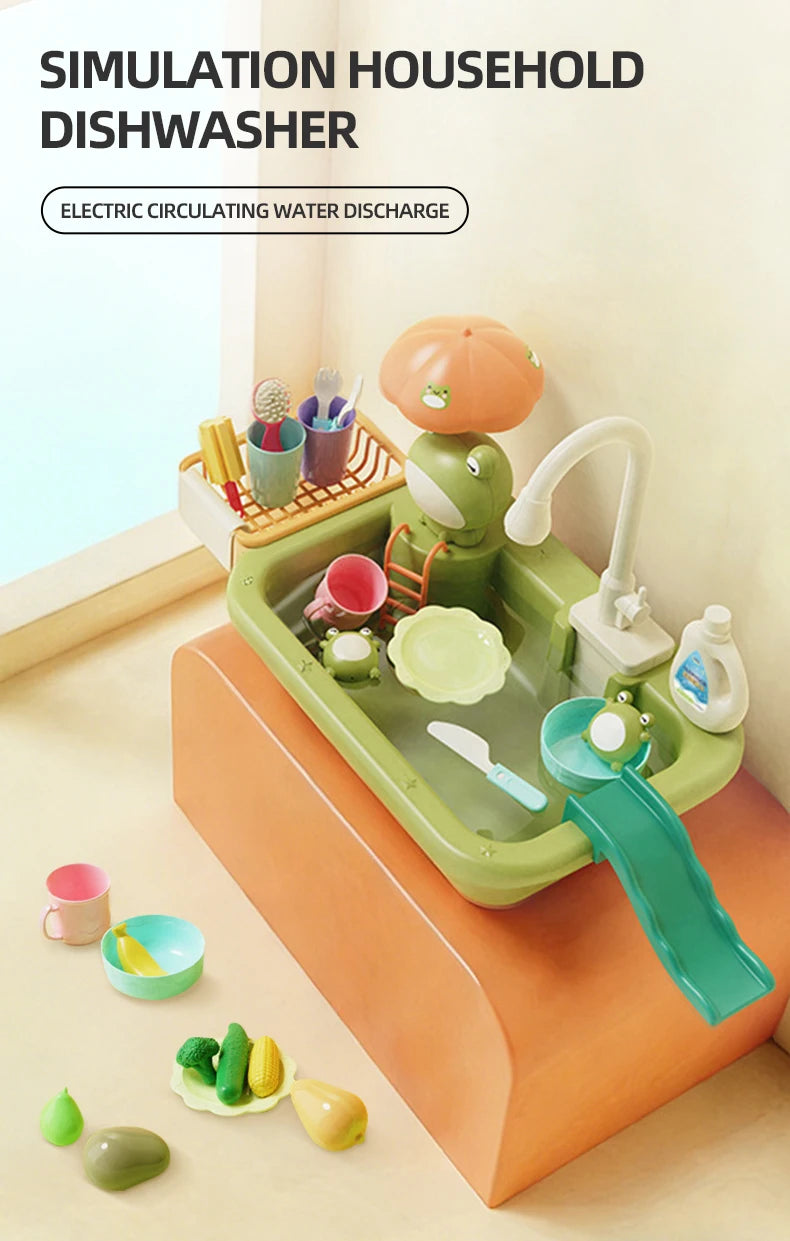 Kids Kitchen Sink Toys Electric Dishwasher Playing Toy with Running Water Pretend Play Food Fishing Toy Role Playing Girls Gifts