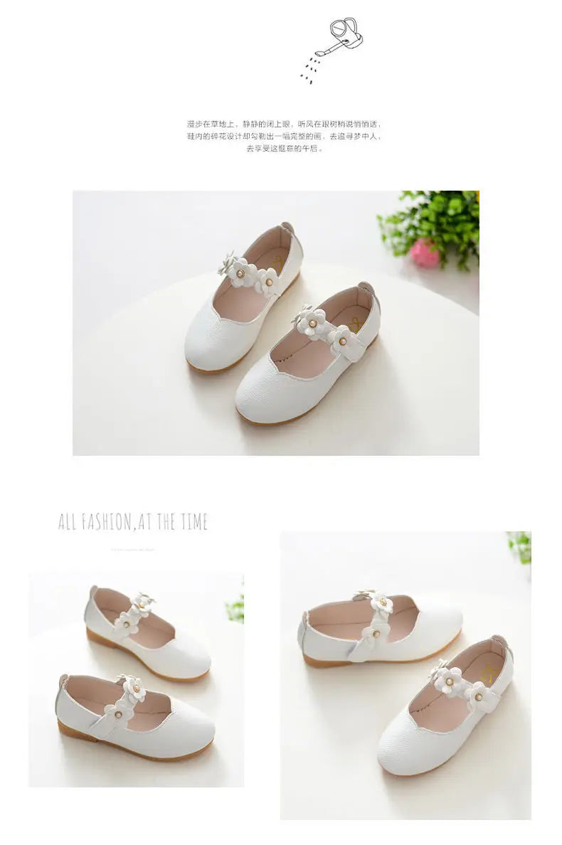 Girls Low-top Solid Color Leather Shoes Princess Shoes Flowers Student Single Dance Shoes White Child Shoes Comfortable Wearable