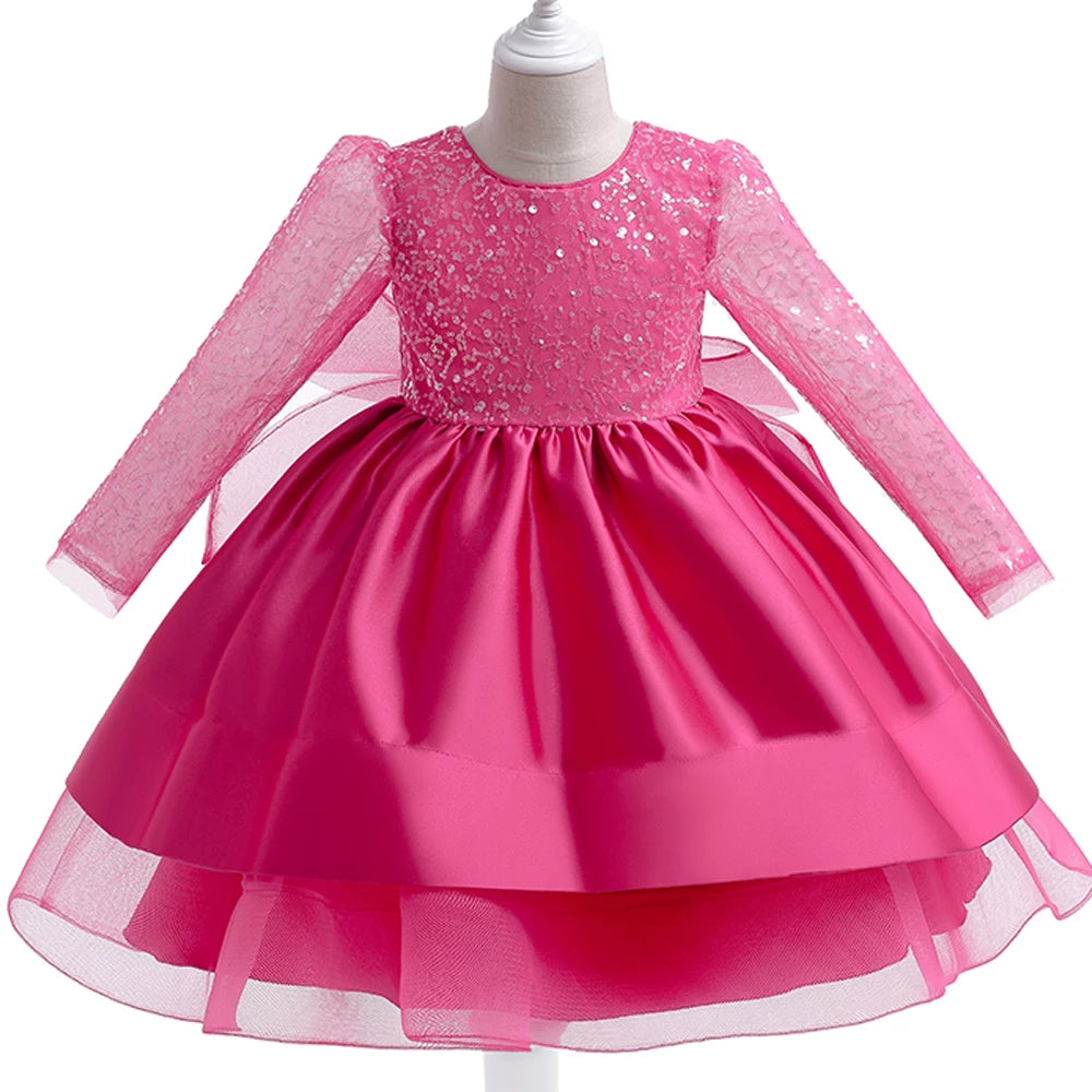 Fashion Sequins White Wedding Girls Party Dress Formal Bow Birthday Princess Dress