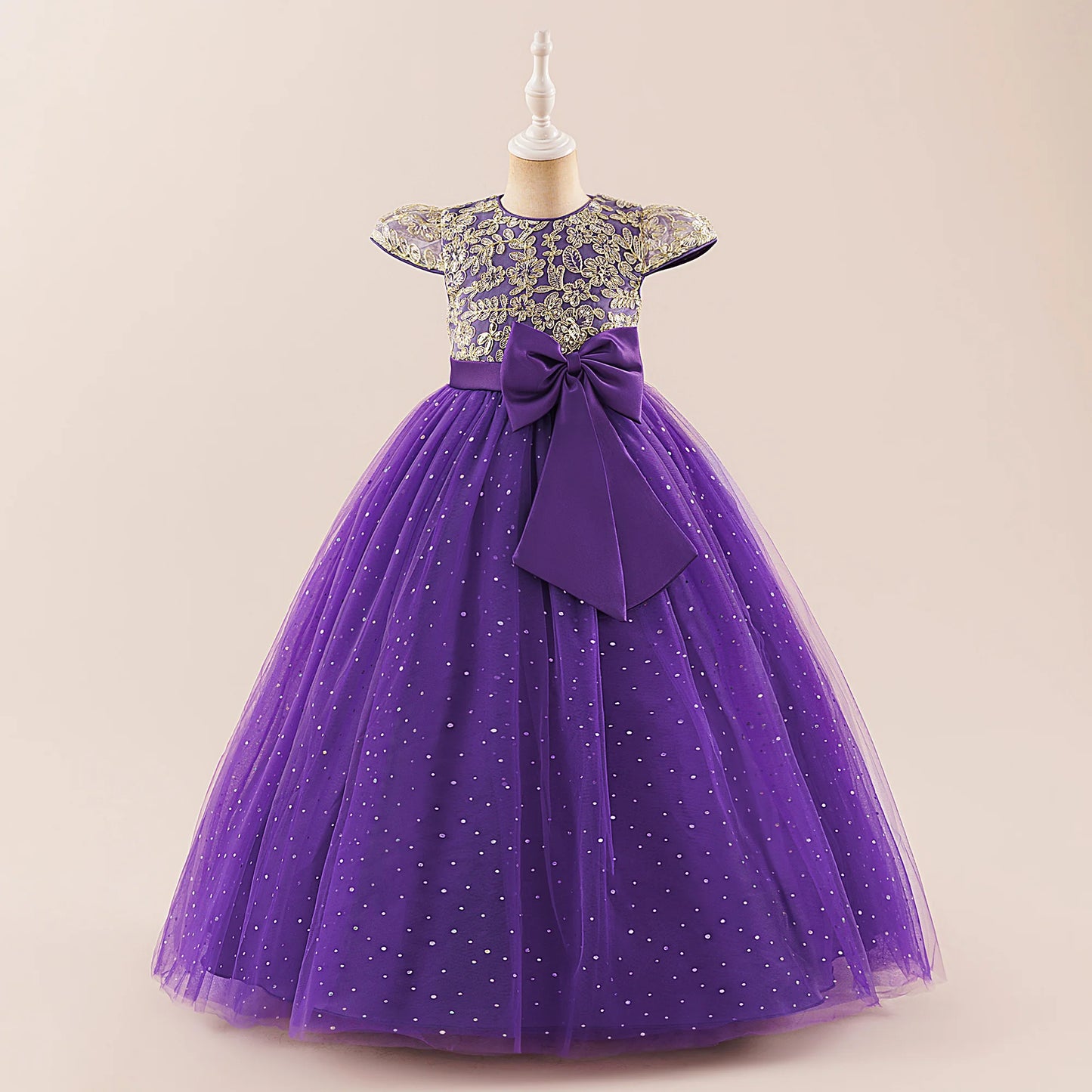 Girls Flower Embroidery Party Dress Kids Big Bow Long Wedding Bridesmaid