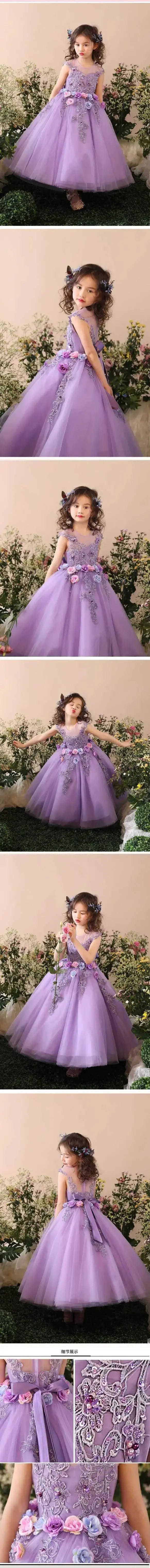 Girls Wedding Flower Girl Dress Sheer Neckline Floral Embroidered Tulle Gown 3D Flower Party Dress