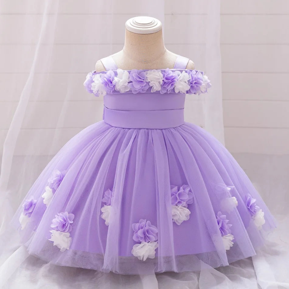 New Baby Girls 1st Princess Dress Infant Three-dimensional Flower One-word Shoulder Mesh Dress Baby Girl Performance Dress ASQ03