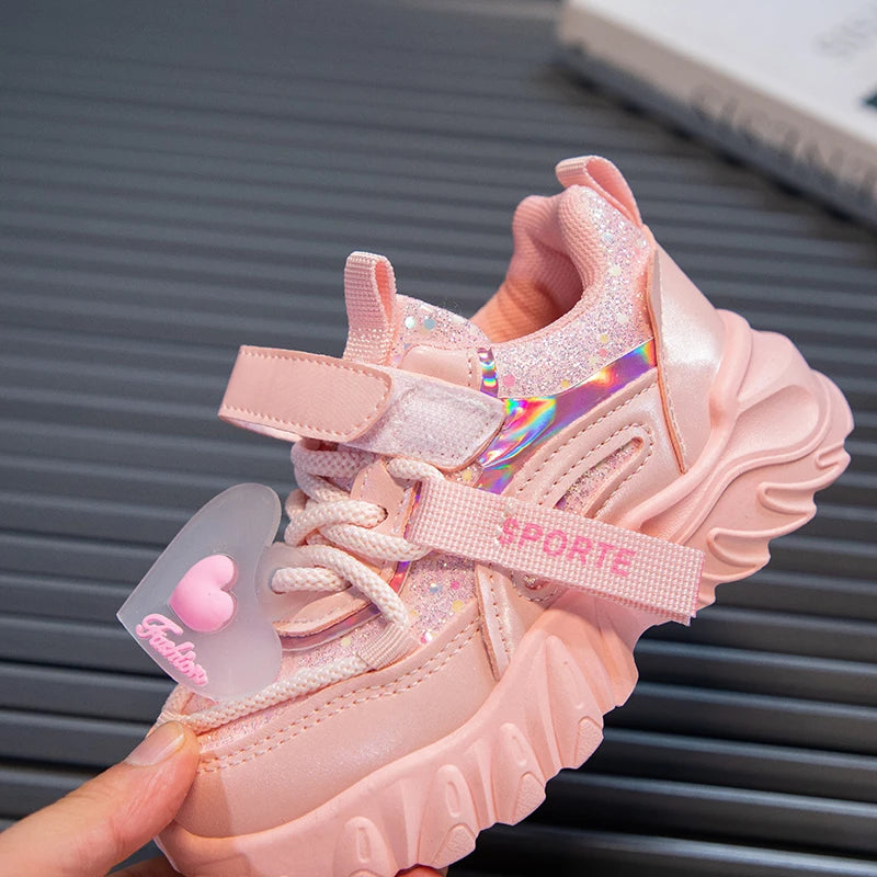 Girls Sports Shoes Kids Running Sneakers for School Fashion Cute Shiny Non-slip Children's
