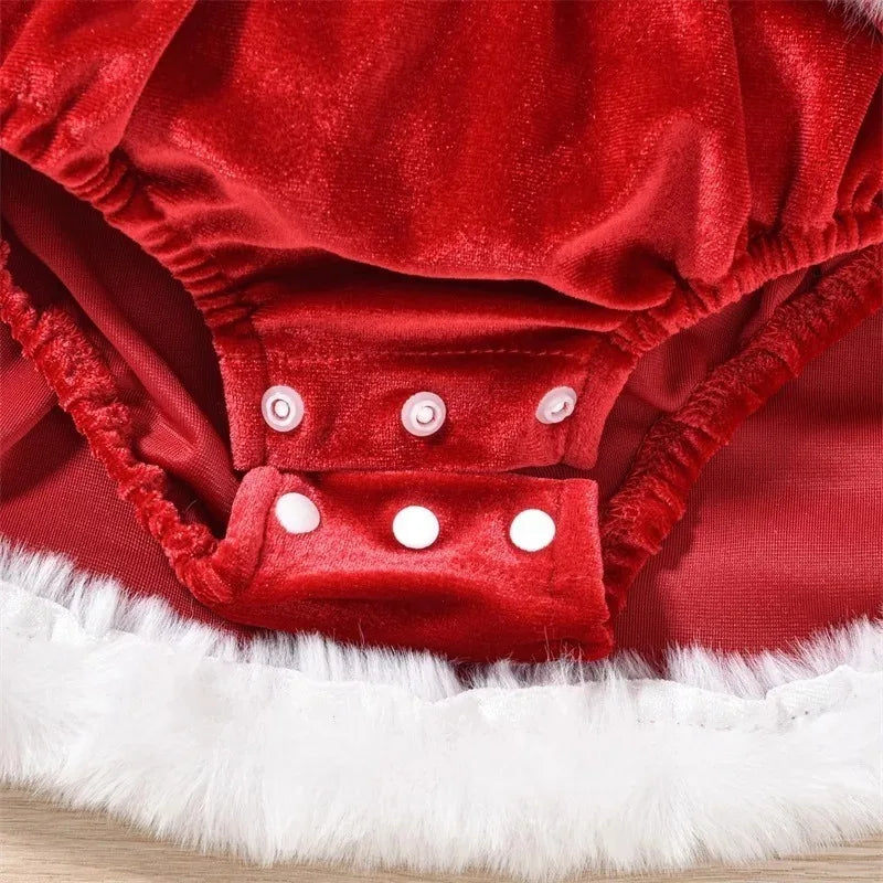 Baby Girl's Christmas Velvet Dress with PP shorts & Hat Set ,Pom pom Trim baby girl Dress