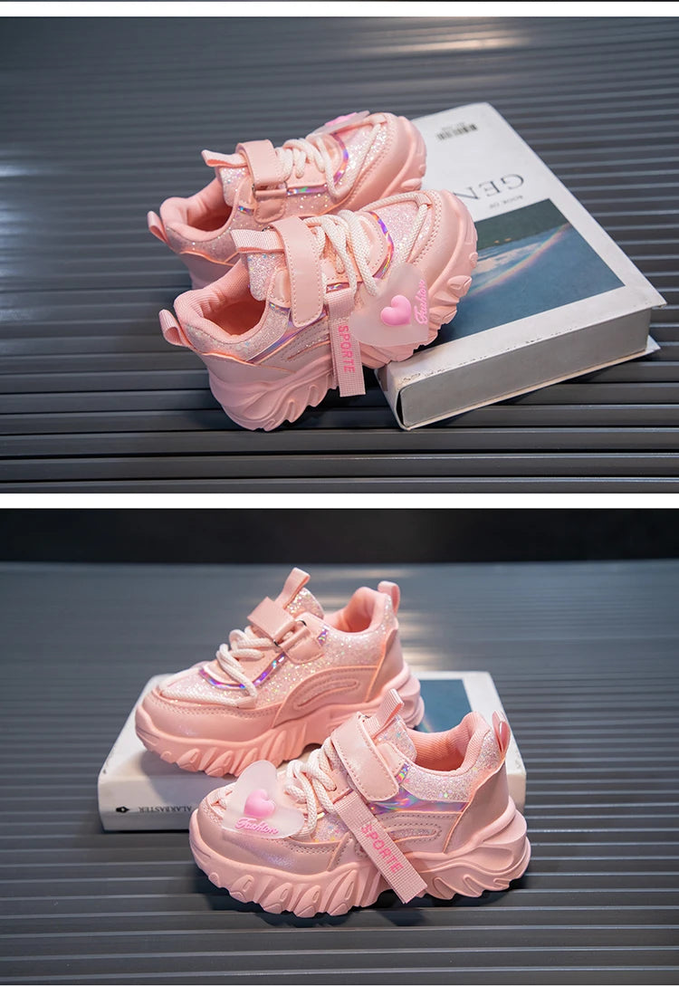 Girls Sports Shoes Kids Running Sneakers for School Fashion Cute Shiny Non-slip Children's