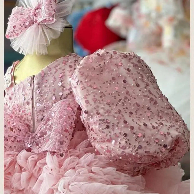 Baby Girl Princess Sequins Dress Diagonal Shoulder Infant Toddler Child Tulle Vestido Party Wedding Pageant Baby Clothes 1-14Y