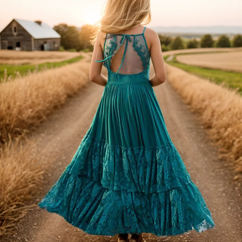 New Girl Lace Chiffon Backless Long Dress Wedding Flower Girl