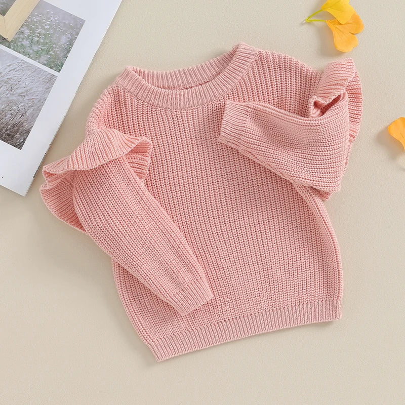 Basley Girls Sweater Solid Color Ruffle Long Sleeve Knit