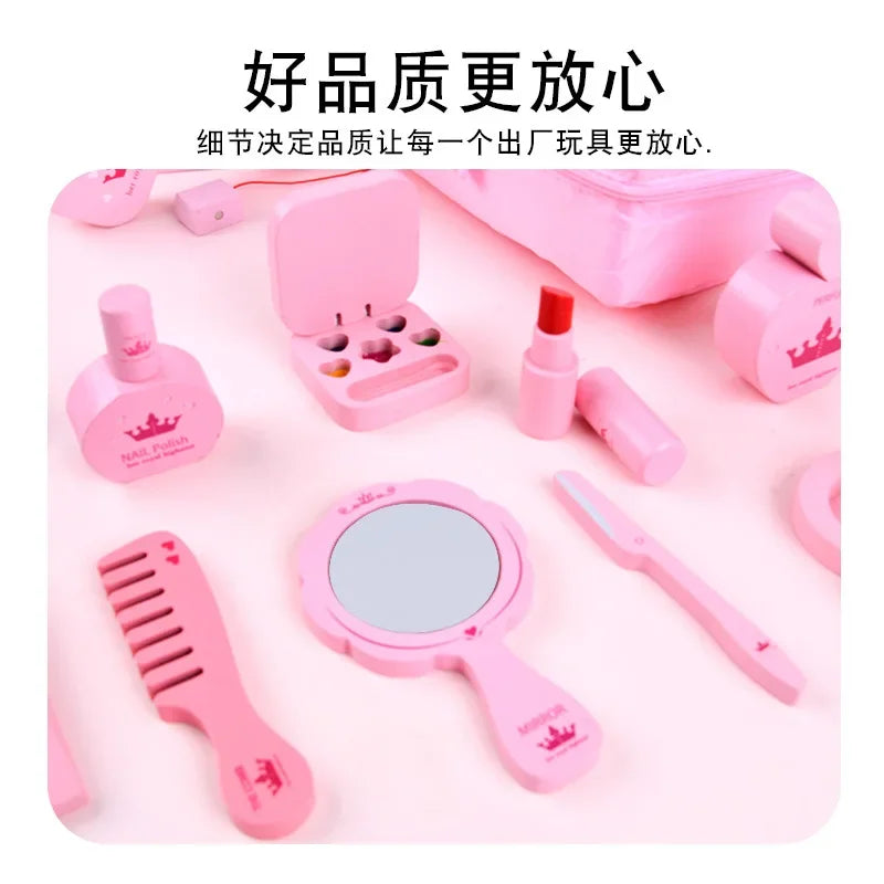 New Wooden Girls Makeup Set Pink Make Up Bag Toy Wood Simulation Cosmetic Handbag Pretend Play Toys For Girl Gifts Pretend Play