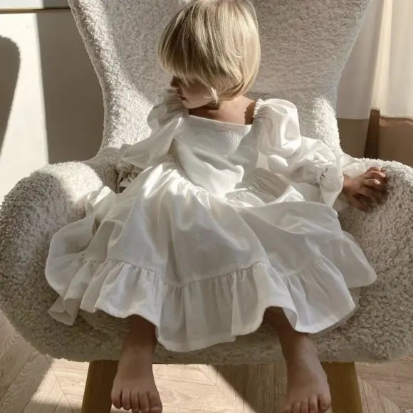 Kids Puff Sleeve White Dress Girls Cotton Linen Lolita Princess Dresses