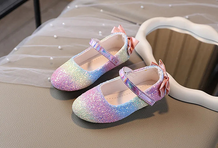 2026 Girl Shoes Spring New Girls Soft Sole Leather Shoes Rainbow Sequins Dress Princess Shoes Kids Shoe Mary Jane Shoes