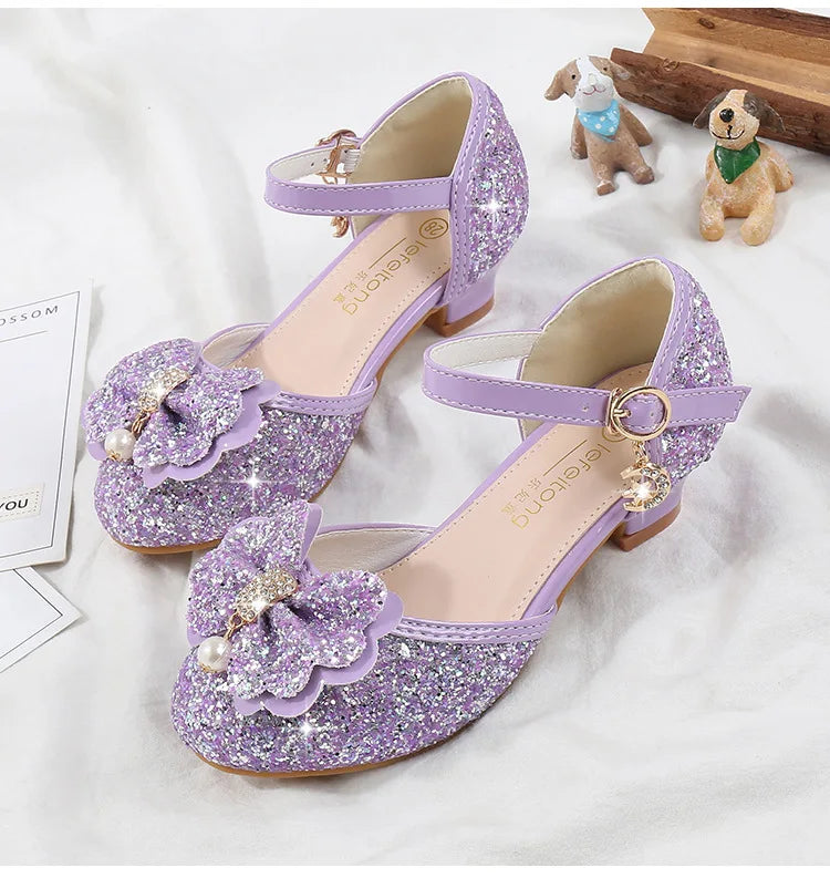 Girls' High Heels Fashion New Sequin Bow Shoes Children's Dance Single Shoes