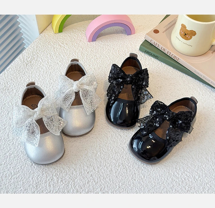 Girls Dance Performance Shoes Black Kids Princess Shoes Mesh Lace Bow 2025 New Girls Flat Shoes Round Toes Elegant Ins Trendy