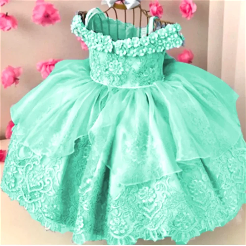 Baby Girls Dresses Off Shoulder Pearls Lace Butterflies Flower Princess Dress